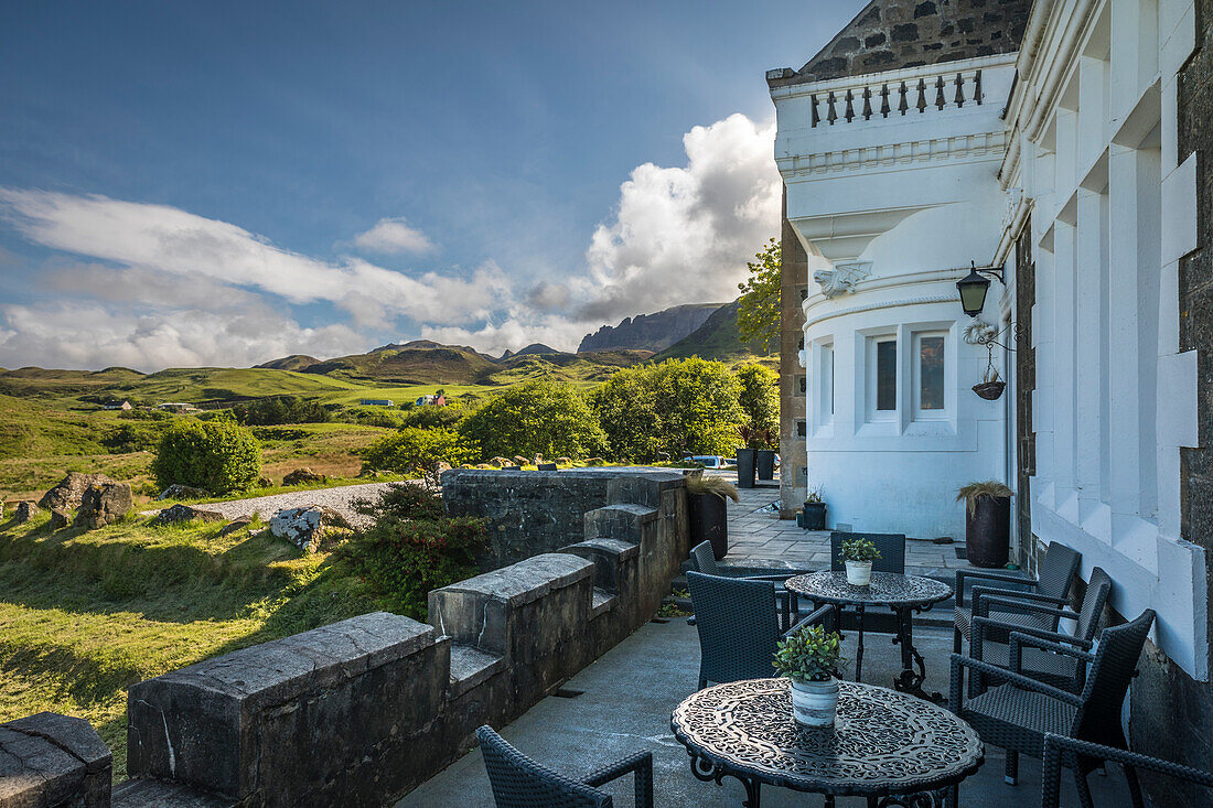 Terrace of the historic Flodigarry Hotel, Trotternish Peninsula, Isle of Skye, Highlands, Scotland, UK