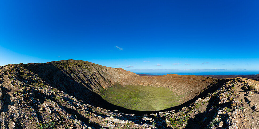 Panorama from the crater rim into the crater of Caldera Blanca, Parque Natural de los Volcanes, Lanzarote, Canary Islands, Spain, Europe