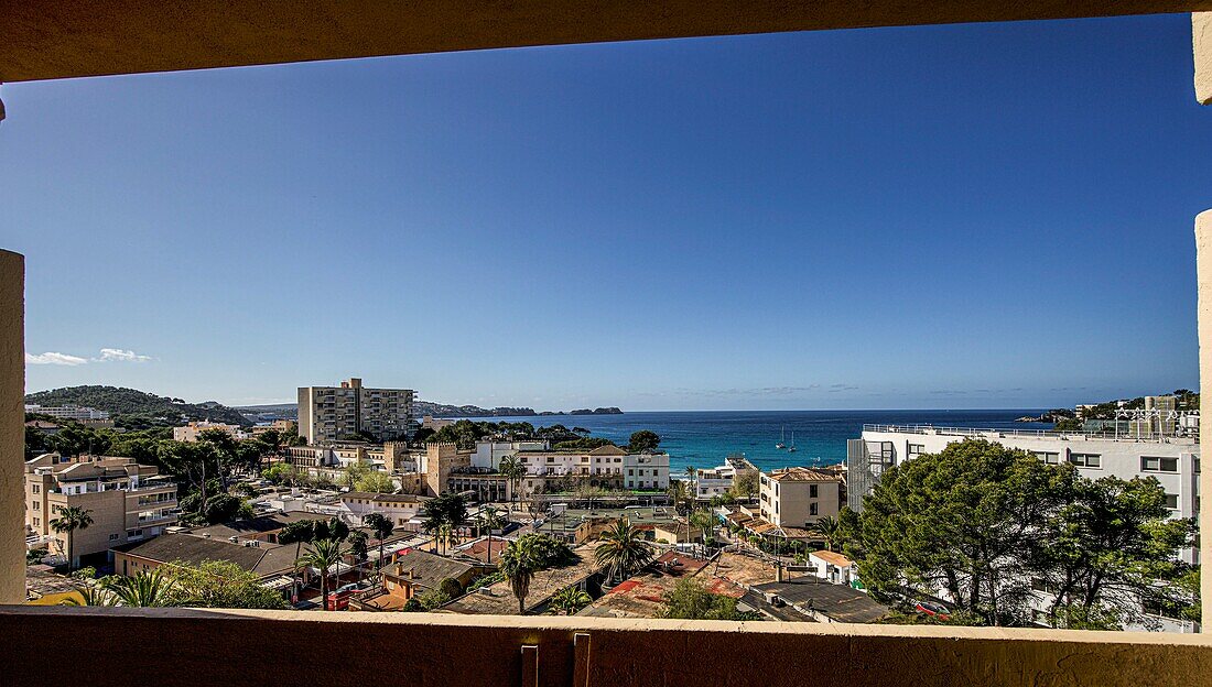 Panoramic view of the tourist area of Paguera and the sea, with the Malgrats Islands in the background, Paguera, Mallorca, Spain
