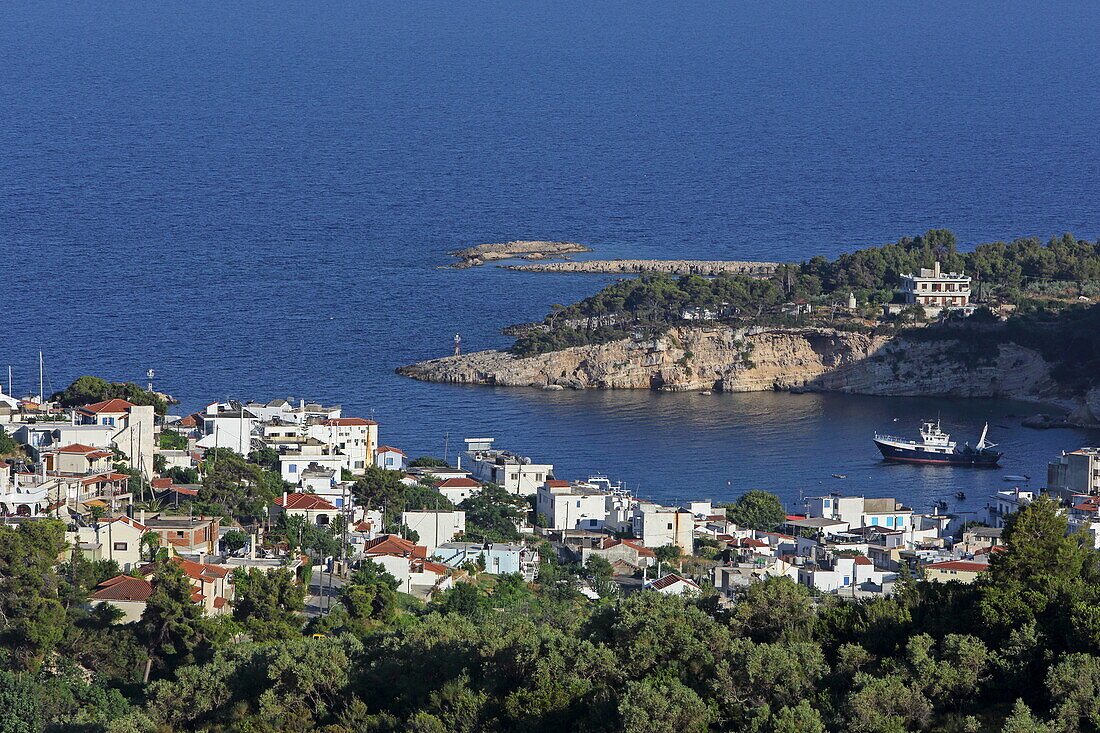 View over the harbor bay of Patitiri, the capital of Alonissos island, Northern Sporades, Greece