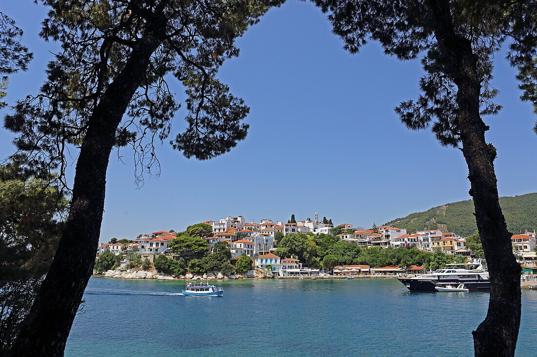 View from the Bourtzi peninsula towards the entrance of the port of Skiathos town, Skiathos island, Northern Sporades, Greece