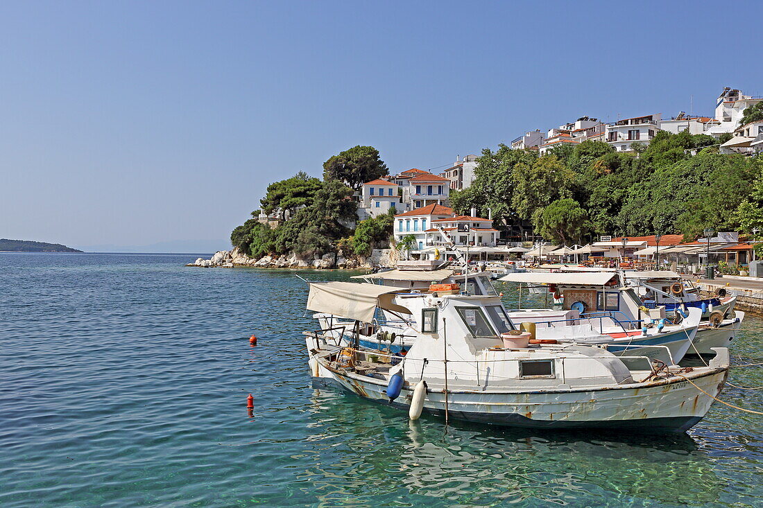 View from the fishing boats at the harbor quay of Skiathos town, Skiathos island, Northern Sporades, Greece