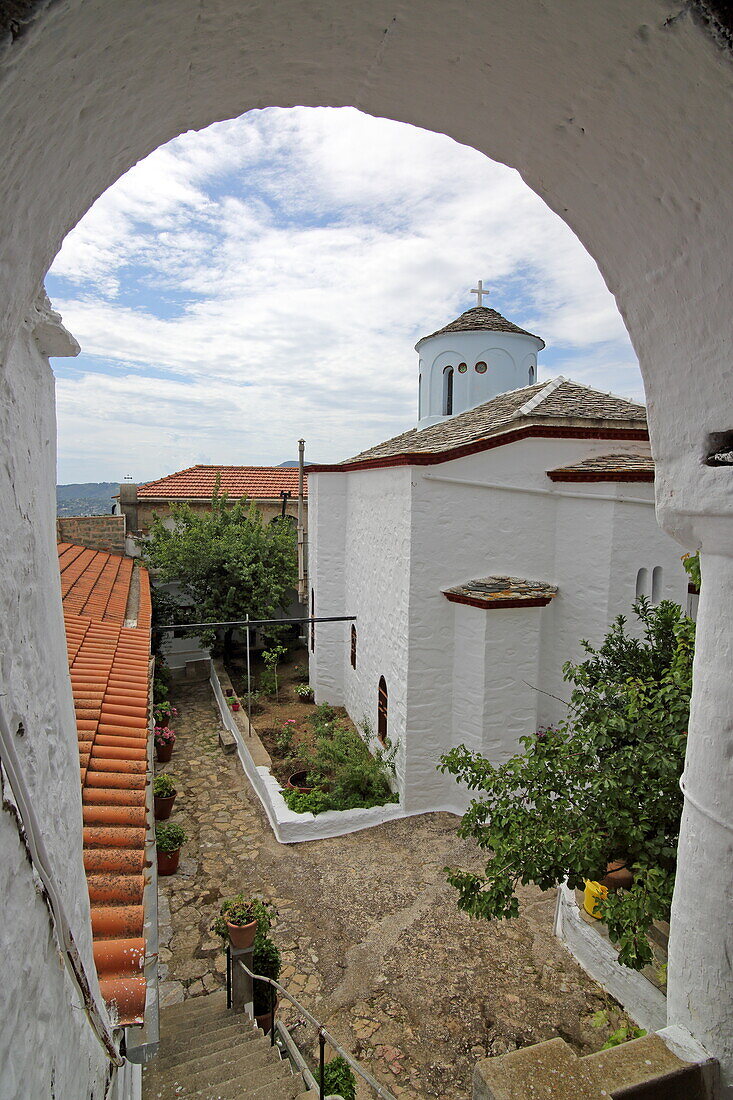 Courtyard of Prodomos Monastery on Palouki mountain, Skopelos island, Northern Sporades, Greece