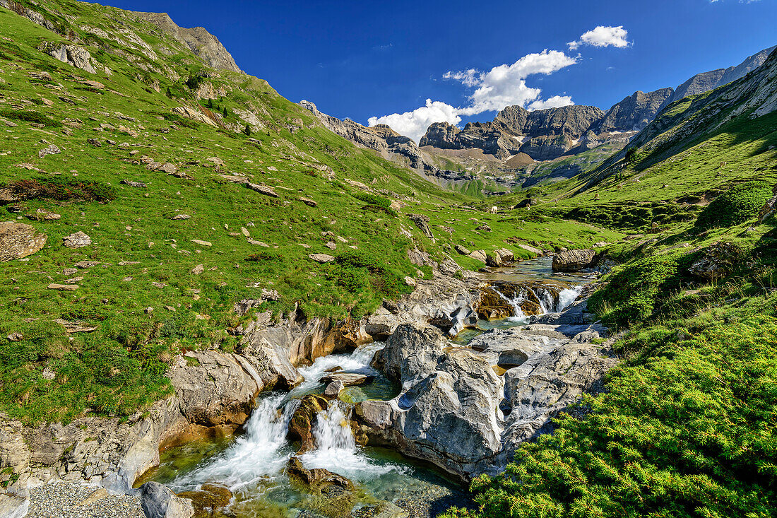 Mountain stream flowing through the valley of the Cirque d'39; Estaube, Gavarnie, Pyrenees National Park, UNESCO World Heritage Site Monte Perdido, Pyrenees, France