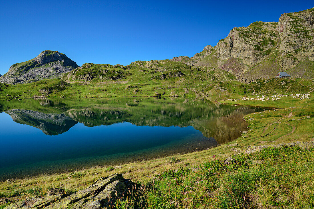 Mountain lake Lac Gentau with hut Refuge d'39; Ayous, Vallee d'39; Ossau, Pyrenees National Park, Pyrenees, France