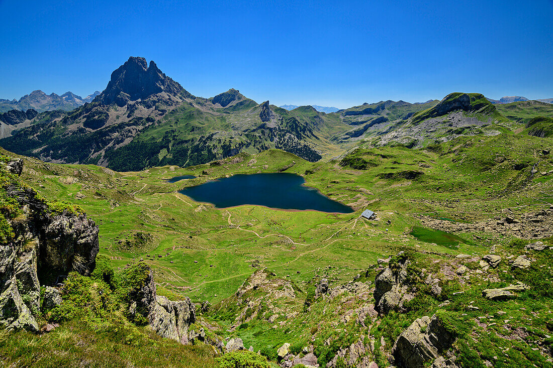View of Lac Gentau lake, Refuge d'39; Ayous hut and Pic du Midi from Pic de Larry, Pic de Larry, Vallee d'39; Ossau, Pyrenees National Park, Pyrenees, France
