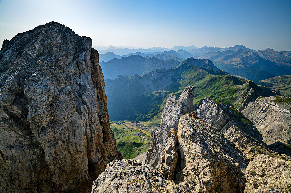 View from Pic d'39; Ansabere on rock towers of the Ansabere Group, Pic d'39; Ansabere, Cirque de Lescun, Vallee Aspe, Pyrenees, France