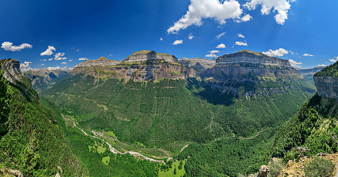 Panorama with a deep view of the Spanish Grand Canyon in the Ordesa Valley, Rio Arazas Valley, Ordesa Valley, Ordesa y Monte Perdido National Park, Ordesa, Huesca, Aragon, Monte Perdido UNESCO World Heritage Site, Pyrenees, Spain