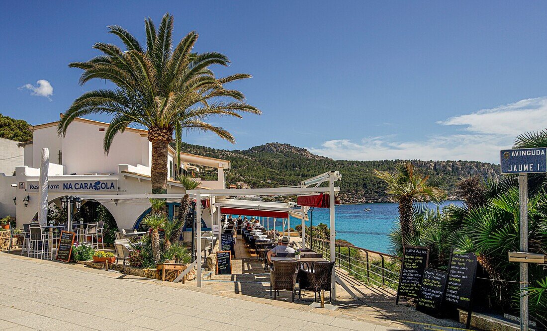 Panoramic restaurant in the bay of Sant Elm, Tramuntana region, Mallorca, Spain