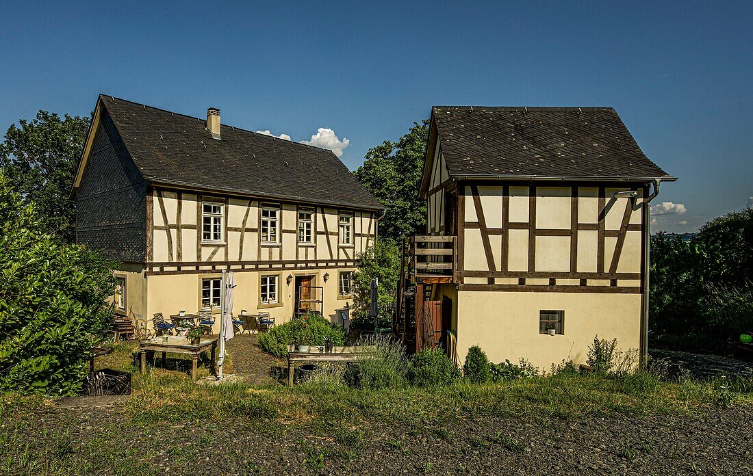Günderodehaus, Restaurant mit Terrasse, Oberwesel, Oberes Mittelrheintal, Rheinland-Pfalz, Deutschland
