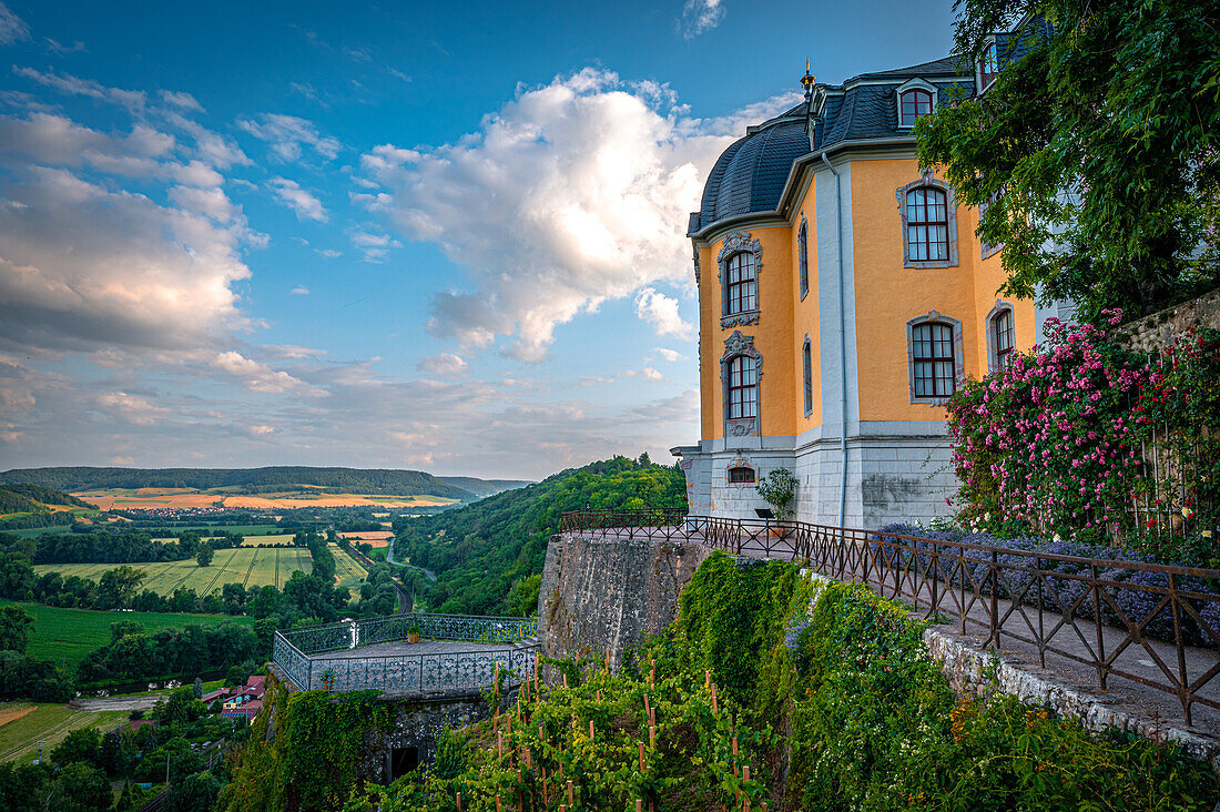 Blick auf das Rokokoschloss im Schlosspark der Dornburger Schlösser bei Jena, Dornburg-Camburg, Thüringen, Deutschland