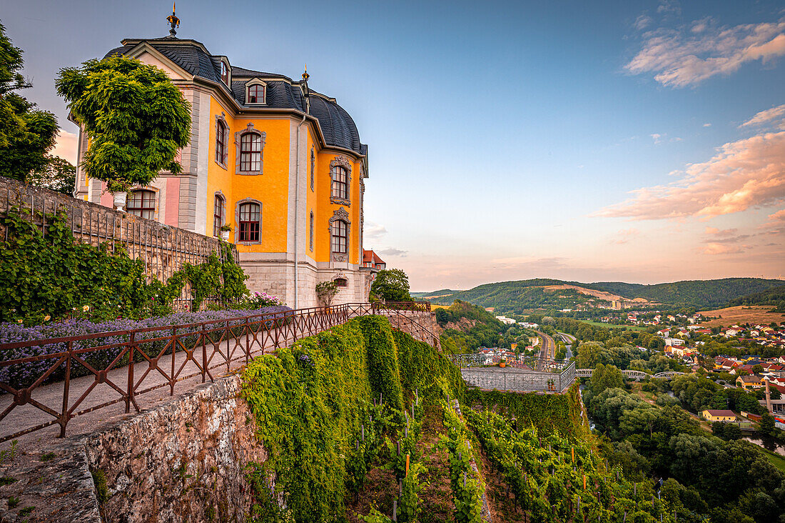 View of the rococo castle in the castle grounds of the Dornburg Castles near Jena, Dornburg-Camburg, Thuringia, Germany