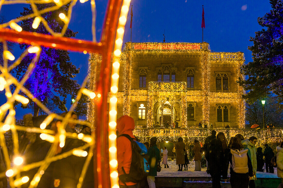 Verschneiter Weihnachtsmarkt, Colombipark, Freiburg im Breisgau, Schwarzwald, Baden-Württemberg, Deutschland