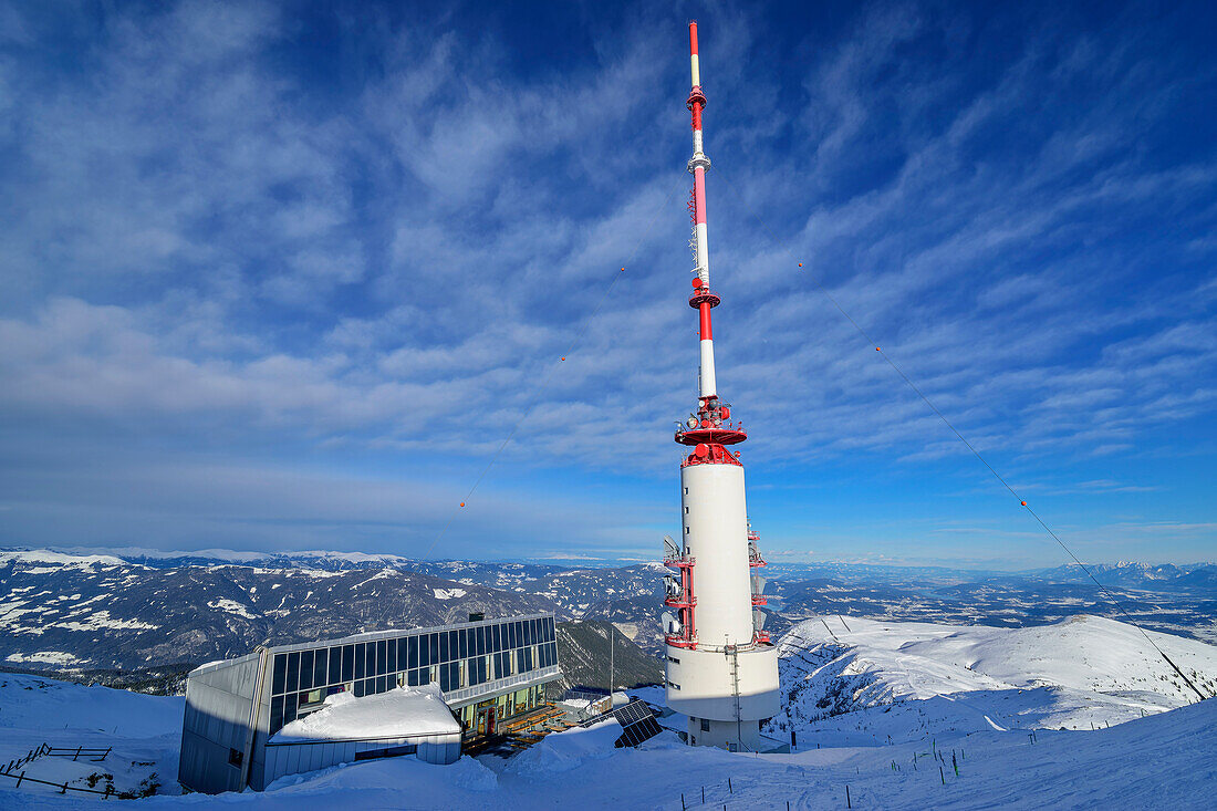 Dobratsch summit house and Dobratsch transmitter, from Dobratsch, Gailtal Alps, Carinthia, Austria