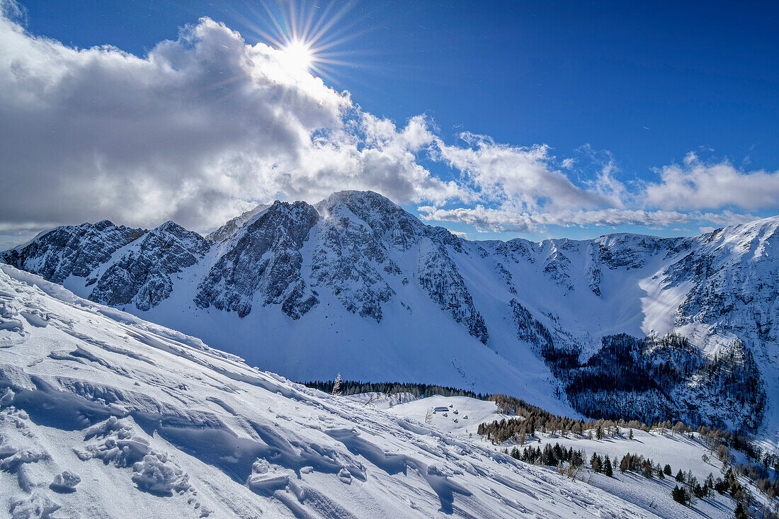 Blick auf Klagenfurter Spitze und Hochstuhl vom Kosiak, Kosiak, Rosental, Karawanken, Kärnten, Österreich