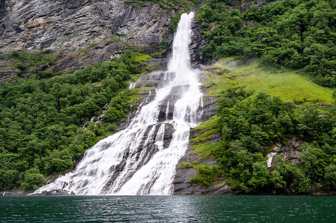 Waterfall in Geiranger Fjord, name Freier, belongs to the saga of the 7 sisters, Hellesylt, UNESCO World Heritage Site, Fjord, Moere and Romsdal
