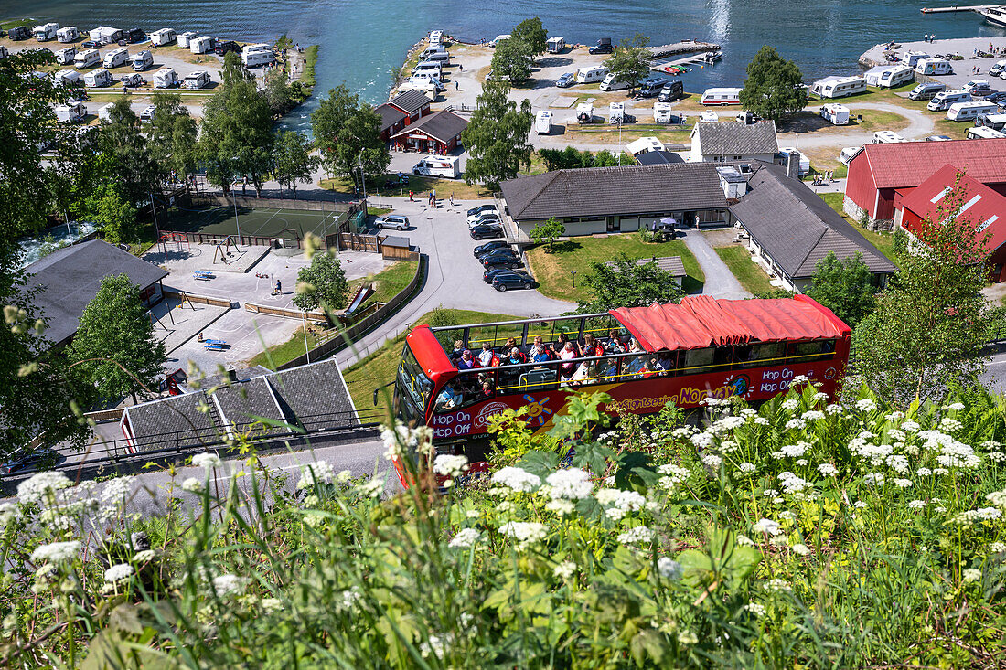Sightseeing bus in Geiranger, Unesco World Heritage, Fjord, Moere and Romsdal