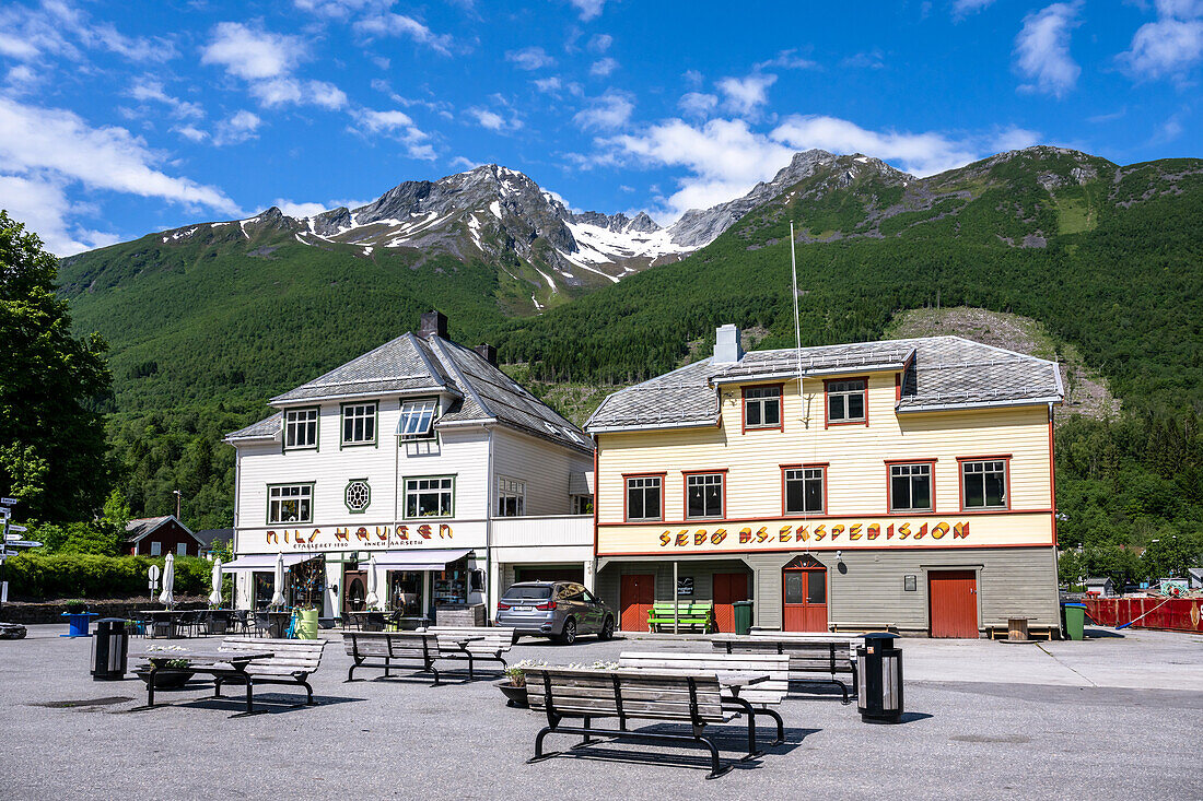 Commercial building in Saeboe, Oersta municipality, Saeboe-Urke ferry, Hjoerundfjord, Sunnmoere, Norway