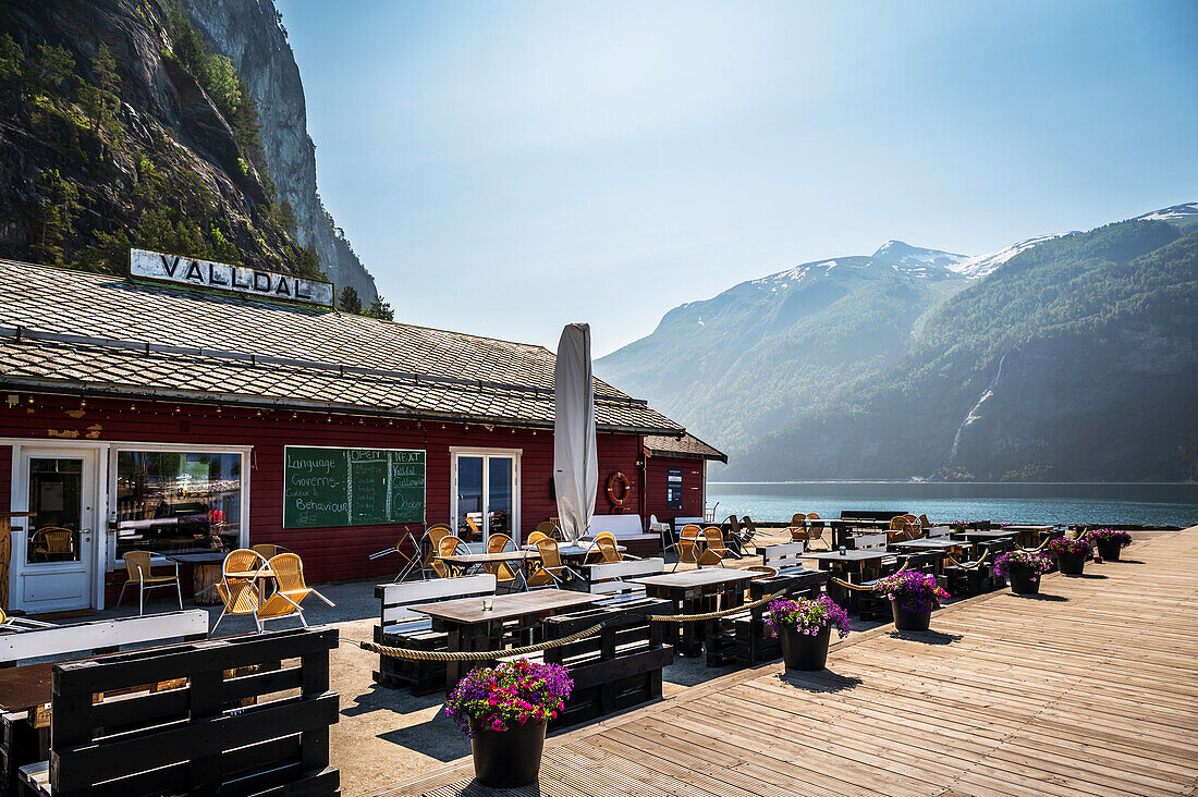 Summer mood at the Valldal fjord, view of a restaurant by the fjord, Moere and Romsdal, Norway