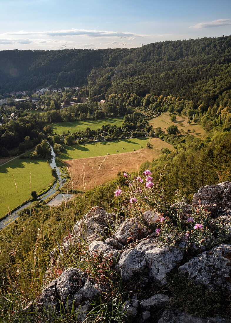 Blick vom Rusenschloss auf die Blau (Fluss), Blaubeuren, Alb-Donau-Kreis, Schwäbische Alb, Baden-Württemberg, Deutschland, Europa