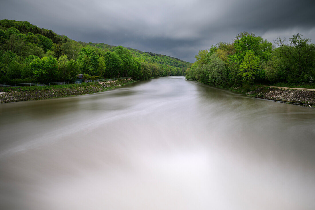 Long exposure of the Danube from a hydroelectric power station, Ulm, Swabian Jura, Baden-Wuerttemberg, Germany, Europe