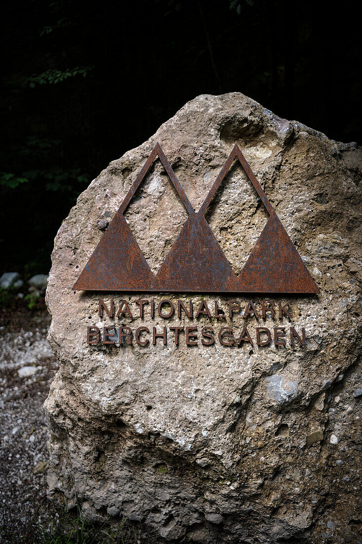 Berchtesgaden National Park symbol on a rock, Bavaria, Germany, Europe