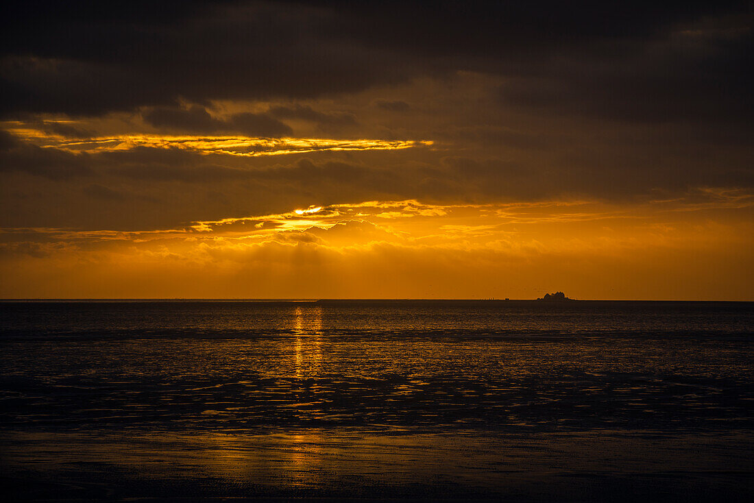 Wattenmeer mit Hallig Südfall im Abendlicht, Nordfriesland, Schleswig-Holstein, Deutschland, Europa