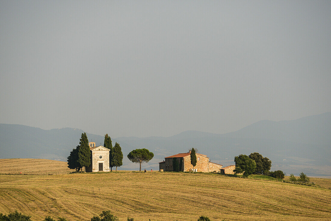 Val d'Orcia, the famous Pieve (church) of Pienza, Tuscany, Italy