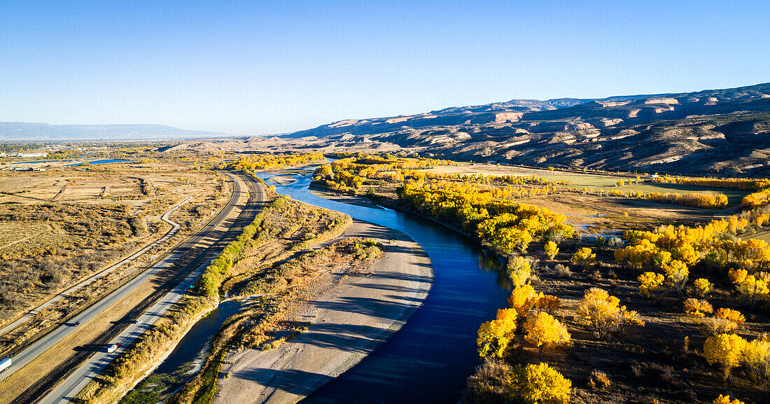 Panoramic Aerial 'YellowS', Colorado River along I70, Autumn colors, Colorado, USA