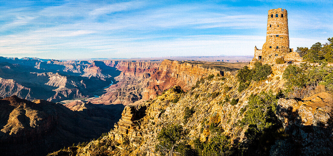 Panoramic 'Towering over the Grand Canyon', South Rim of the Grand Canyon, Colorado River, Desert View Watchtower, Arizona, USA