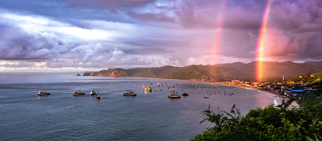 Panoramic 'Double Rainbow', sunset, Bay of Salango, Ecuador