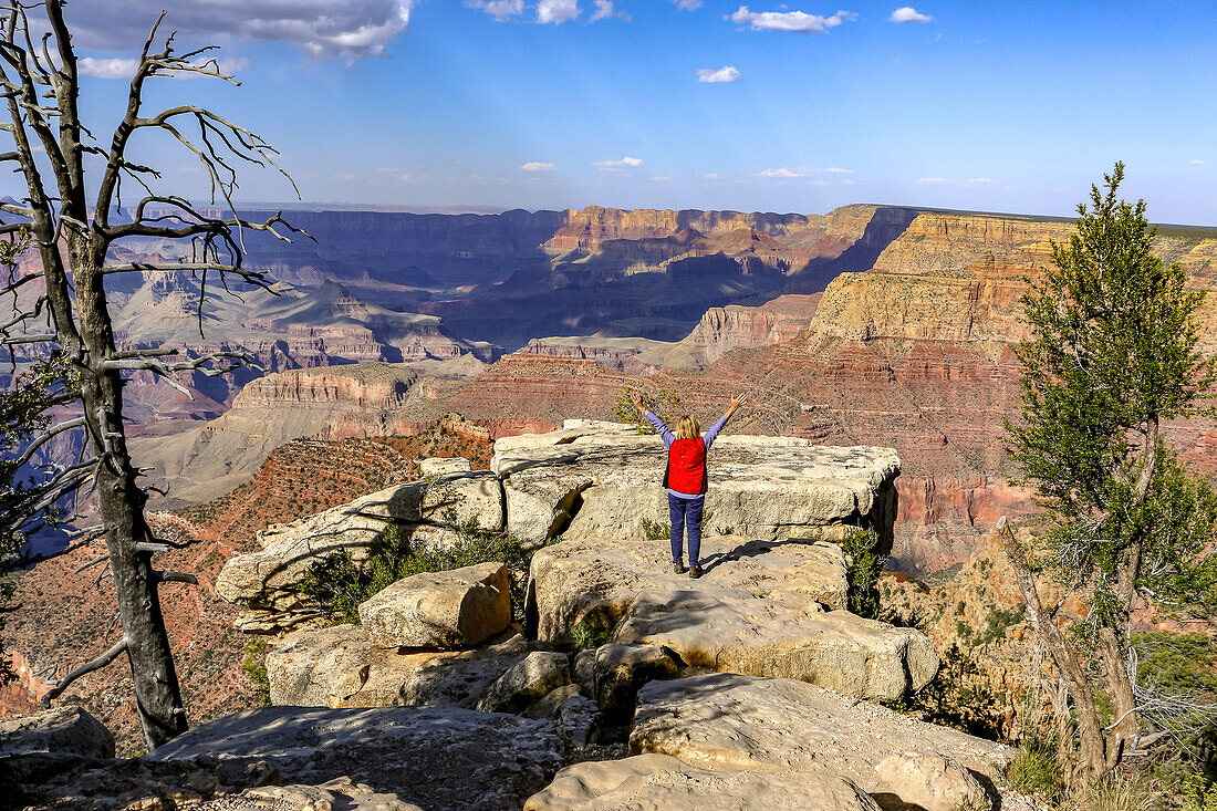 Eine Frau am Rande vom Grand Canyon reckt die Aussicht sehend die Arme hoch, Grand Canyon, Arizona, USA