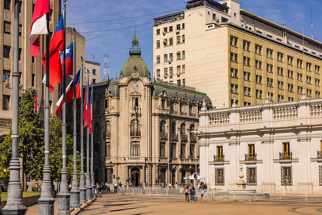 The building of the Intendencia de la Region Metropolitana at the Plaza de La Constitucion in the old town of Santiago de Chile, South America