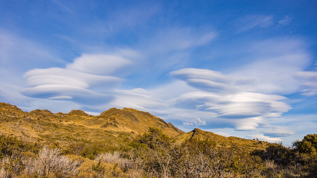 Panorama mit einzigartigen mehrschichtigen Linsen-Wolken über einem Berg im Torres del Paine Natioalpark, Chile, Patagonien