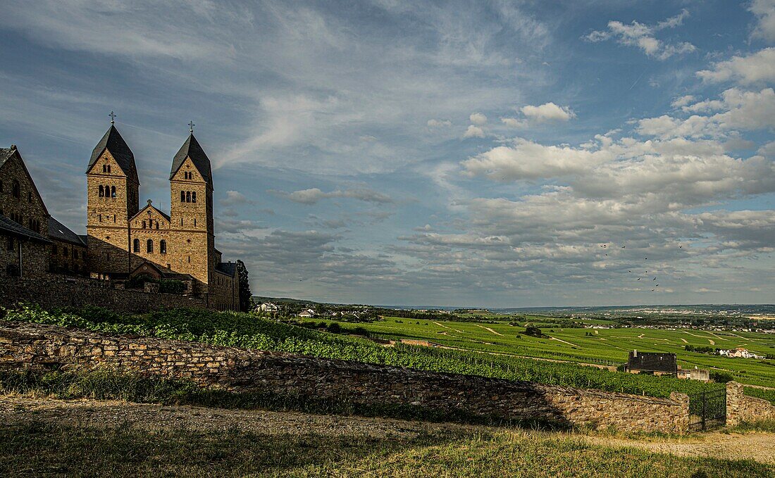 Abtei St. Hildegard im Abendlicht, Rüdesheim, Oberes Mittelrheintal, Rüdesheim, Hessen, Deutschland