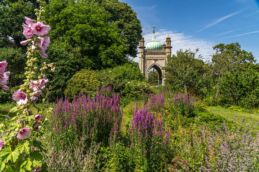 Garden and north entrance of the Royal Pavilion in the seaside resort of Brighton, England, United Kingdom, Europe