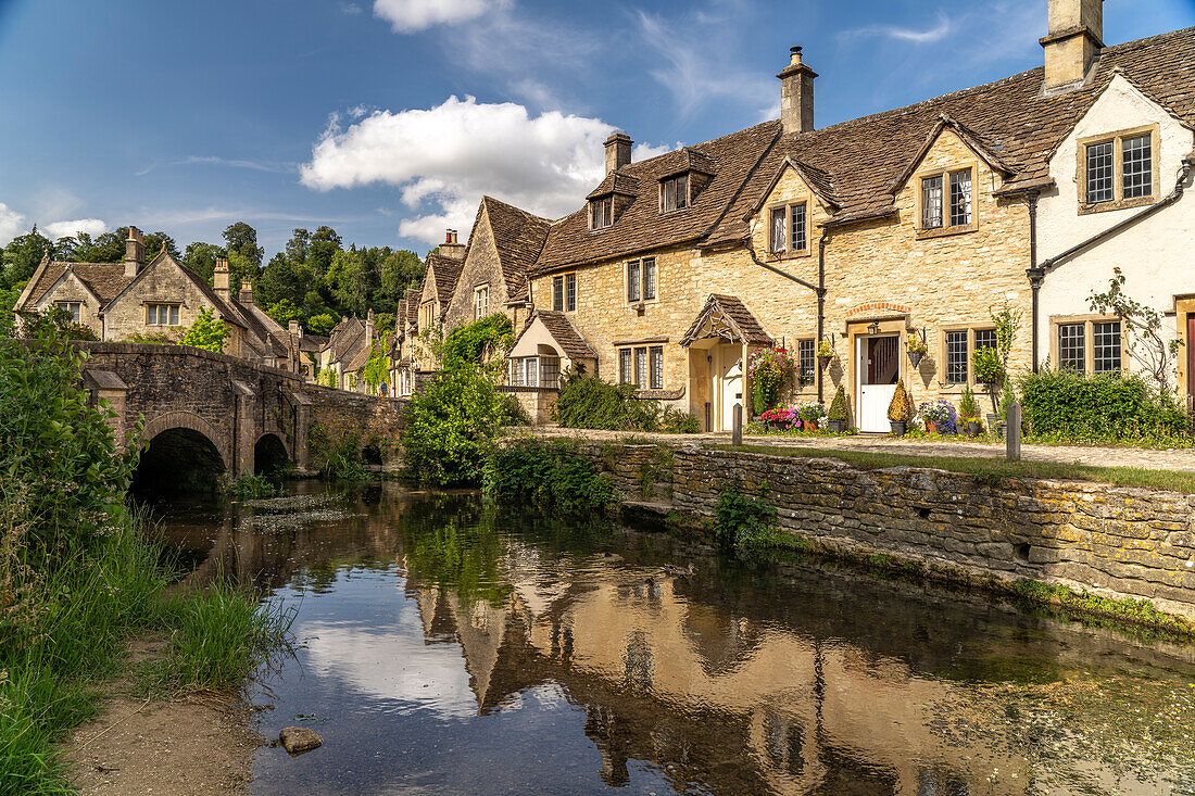 The village of Castle Combe on the River Bybrook, Cotswolds, Wiltshire, England, United Kingdom, Europe