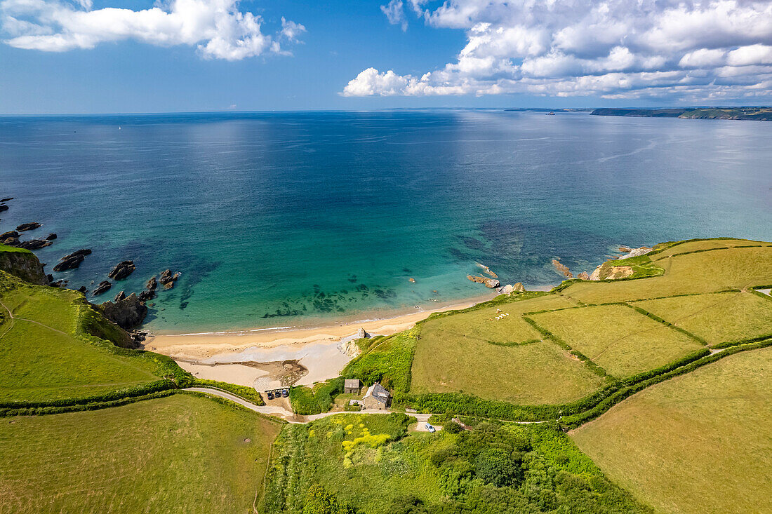 Hemmick Beach and the coast of St Austell seen from the air, Cornwall, England, United Kingdom, Europe