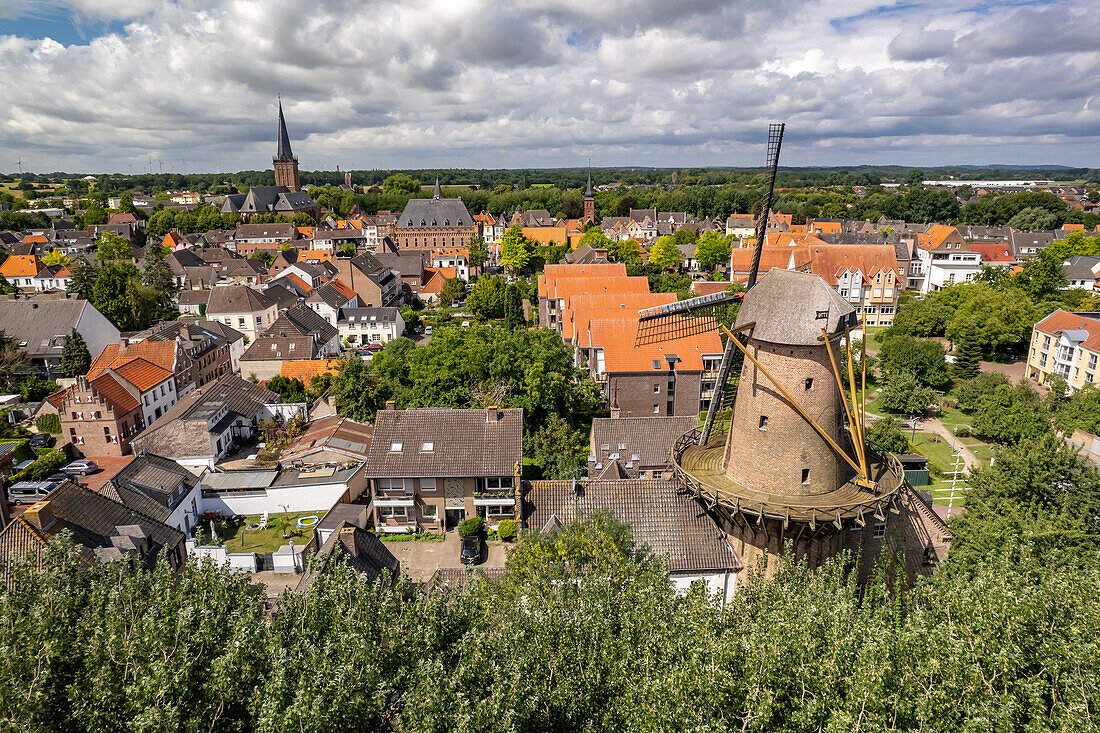 City view with city windmill from the air, Kalkar, Lower Rhine, North Rhine-Westphalia, Germany, Europe