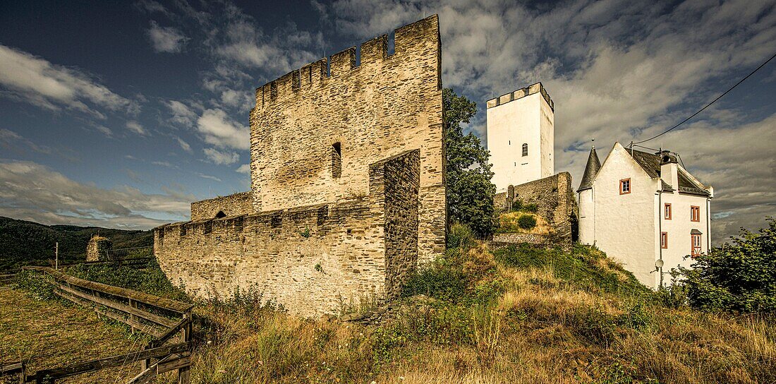 Burg Sterrenberg mit Schildmauer, Bergfried und Frauenhaus, Kamp-Bornhofen; Oberes Mittelrheintal, Rheinland-Pfalz, Deutschland