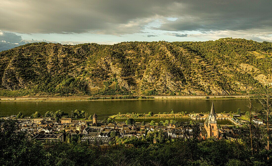 Altstadt von Oberwesel und das Rheintal im Abendlicht, Oberes Mittelrheintal, Rheinland-Pfalz, Deutschland