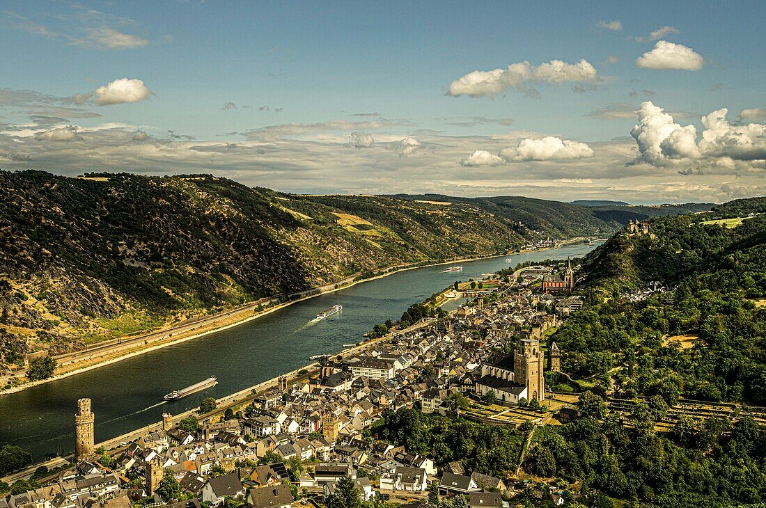 Oberwesel and the Rhine Valley in the evening light, in the background the Schönburg and Kaub, Upper Middle Rhine Valley, Rhineland-Palatinate, Germany