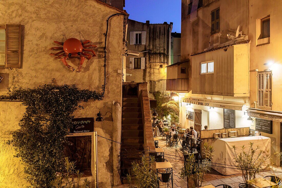 Saint-Florant, old town, historic village center, restaurants, dusk, Caqp Corse, Corsica, France, Europe