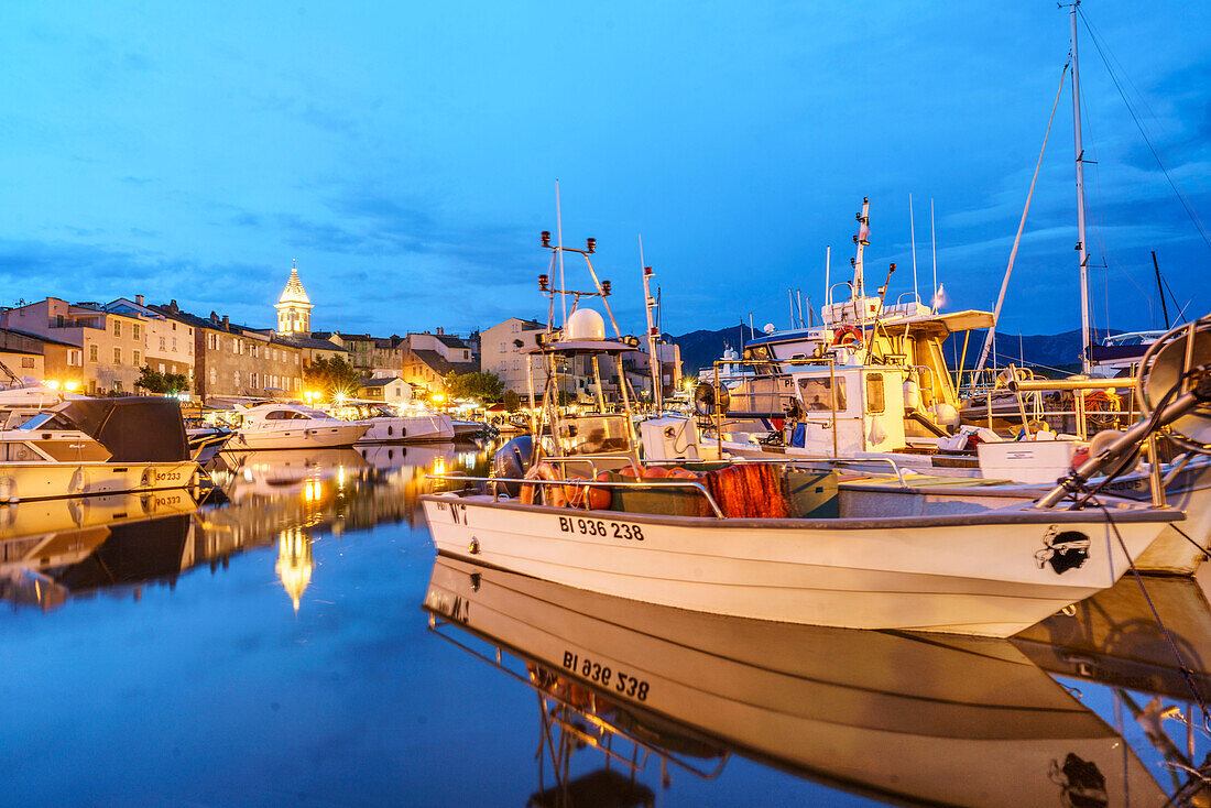 Saint-Florant, Hafen, Blaue Stunde, Korsika, Frankreich, Europa