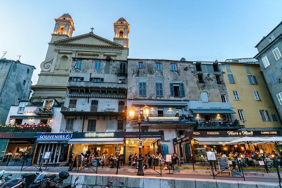 Bastia, Eglise Saint Jean-Baptiste, restaurants on the harbour, Corsica, France, Europe