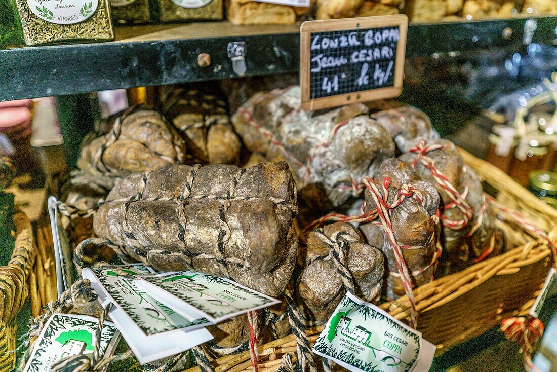 Sartene, Wurstspezialitäten, Lonzu, Schinken, shop, Korsika, Frankreich, Europa