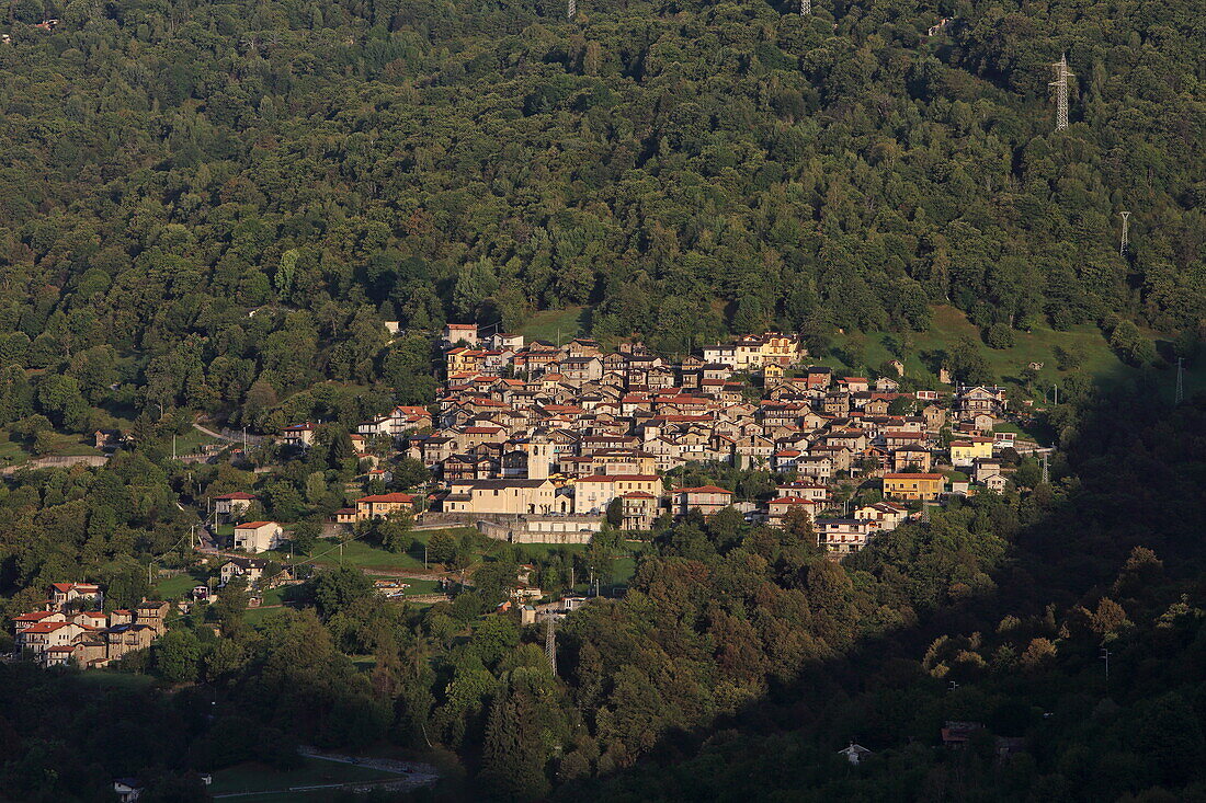 Village view from Dosso del Liro over Gravedona ed Uniti, Lake Como, Lombardy, Italy