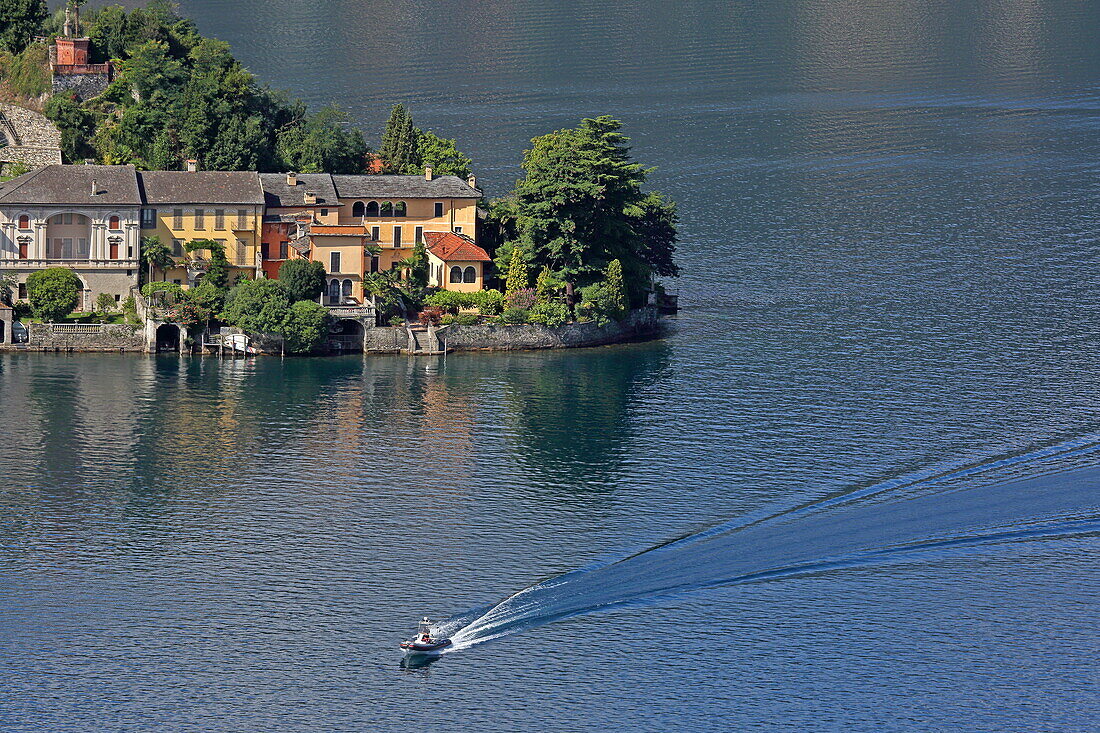 Houses on the northern tip of Isola San Giulio in Lake Orta, Piedmont, Italy