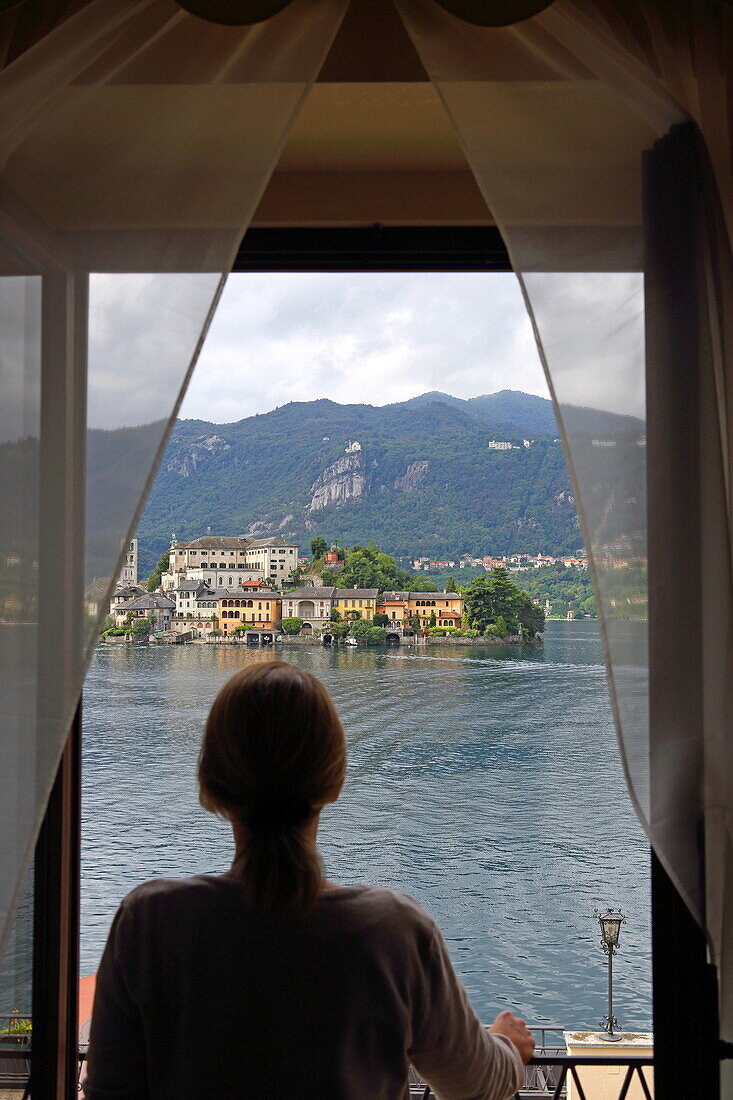 View from Orta San Giulio to the northern tip of Isola San Giulio in Lake Orta, Piedmont, Italy