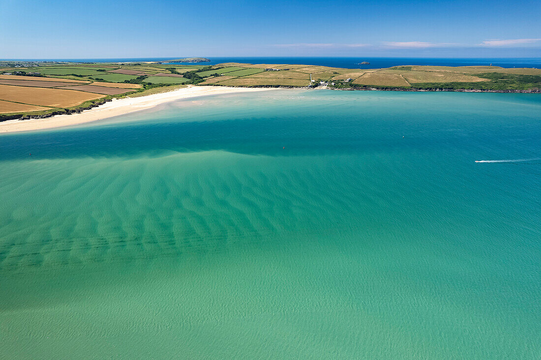 Daymer Bay and Hawker's Cove seen from the air, Padstow, Cornwall, England, United Kingdom, Europe